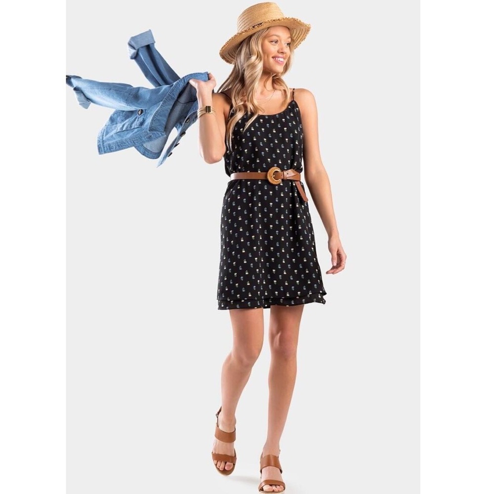 Francesca's Blue Rain Dress Womens Black Floral Cami Slip Sleeveless size small
